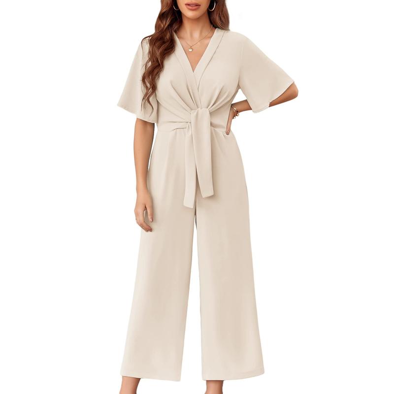 Fisoew Womens Wide Leg Jumpsuits Short Sleeve V Neck Tie Knot High Waist Summer Long Romper