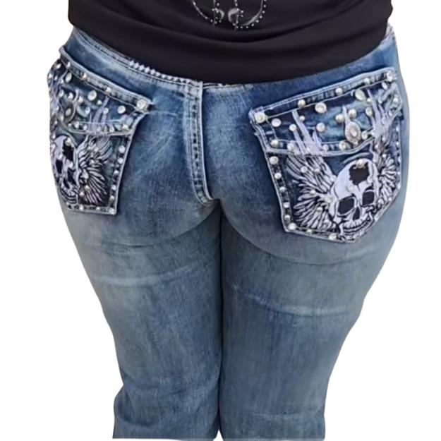 Skull McBling Jeans Bootcut Stretch plus Denim Streetwear Biker rock Casual Comfort Crystal Retro boot Bottom Embroidery Fashion Spandex Womenswear