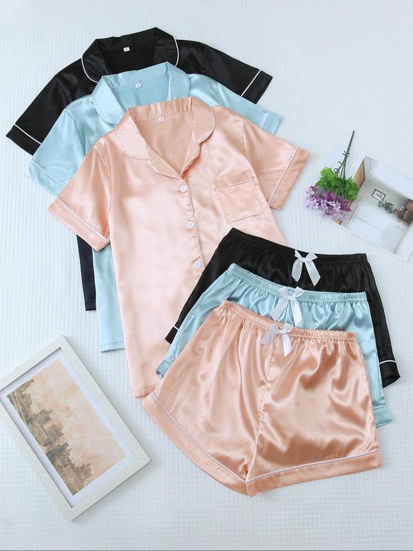 Three-Piece Set Women's Contrast Binding Satin Pajama Set, Casual Pocket Shirt & Elastic Waist Shorts Set, Summer Clothes for Women, Back To School Ladies Nightwear, Loungewear Set