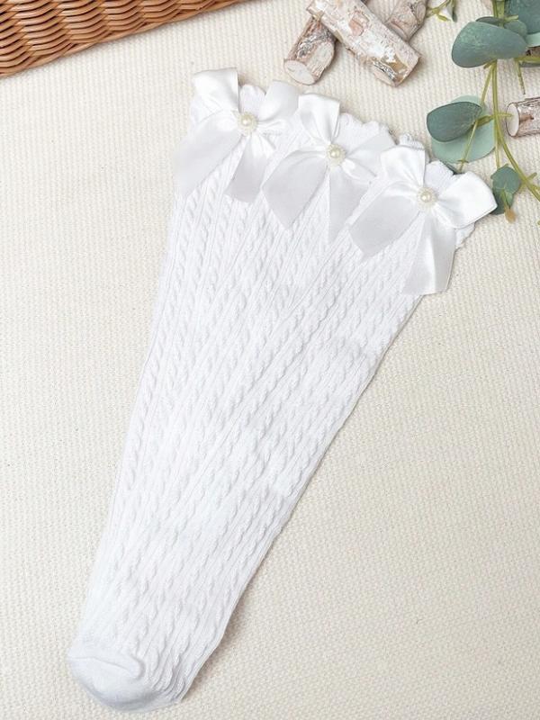 3pairs Girls' White Bowknot Straight Tube Knee High Socks, Sweet And Versatile For Daily Wear