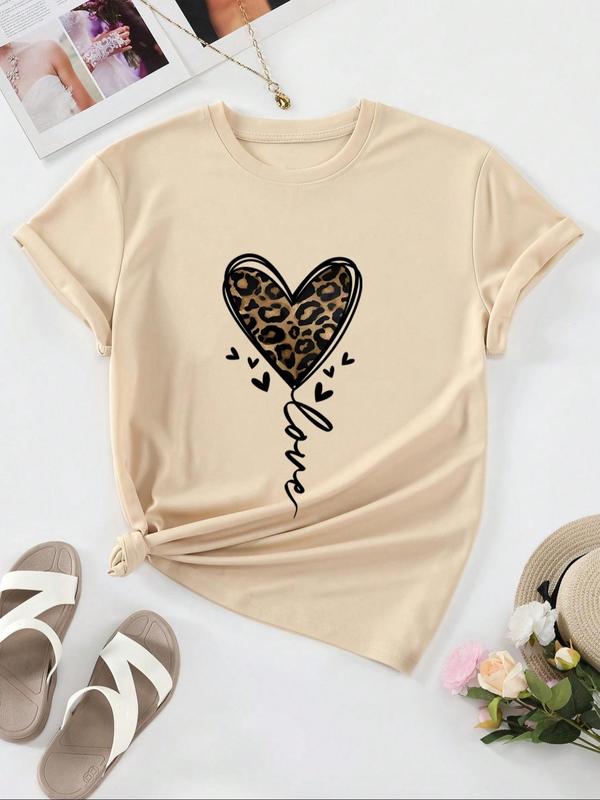 Women's Heart & Leopard Print Drop Shoulder Tee, Summer Graphic Tees Women, Casual Half Sleeve Round Neck T-shirt for Daily Wear, Graphic Tees, Ladies Clothes for All Seasons