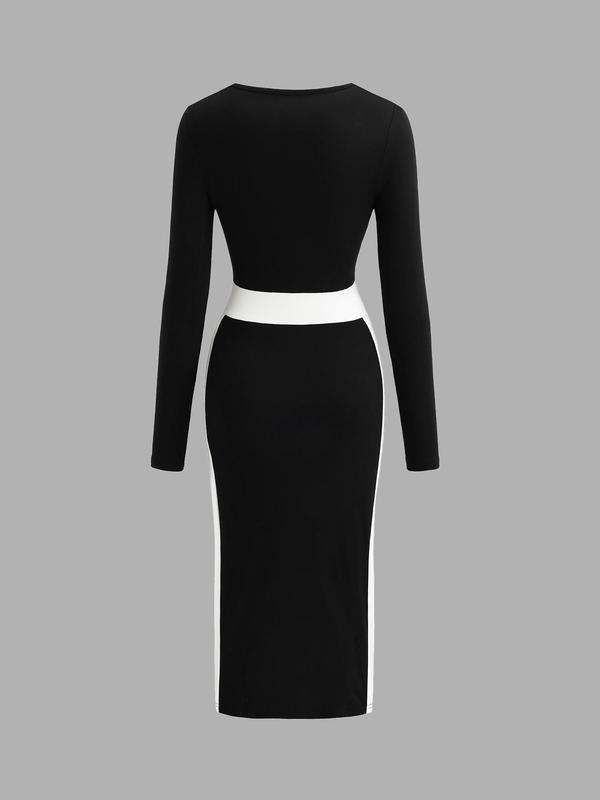 YOZY Women's Colorblock Contrast Binding Bodycon Dress, Elegant Square Neck Long Sleeve Dress for Party Holiday Wedding Guest, Ladies Clothes for All Seasons