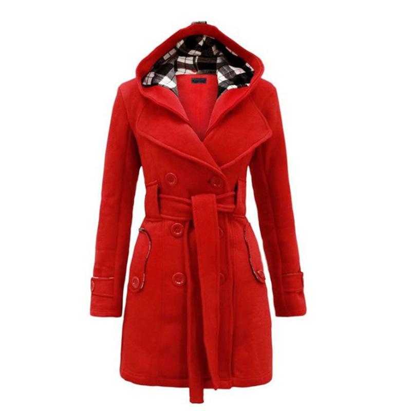 New Plaid Hooded Woolen Coat Belt Double Breasted Mid-Length Coat