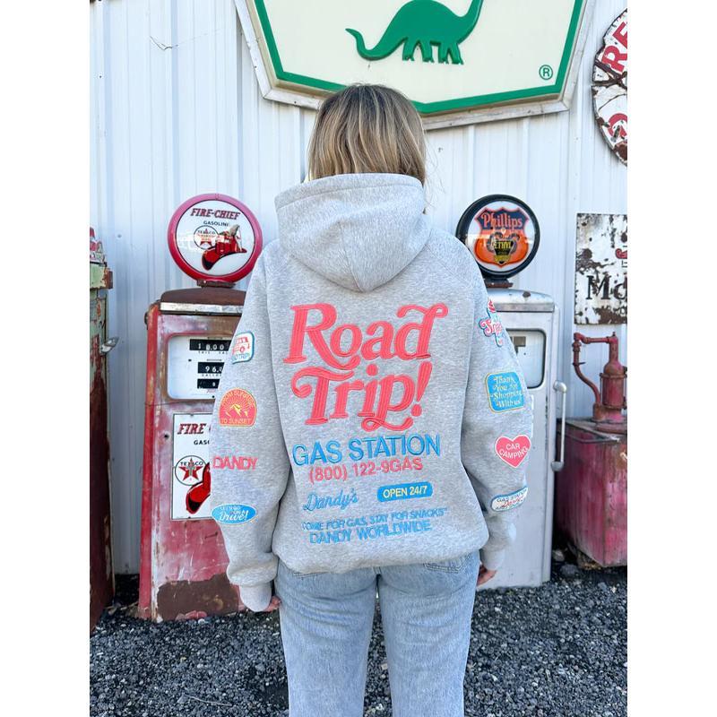 Girls`road trip embroidered pocket  hoodie,comfort casual drop shoulder hooded sweatshirt for daily outdoor wear,fall&winter outfits