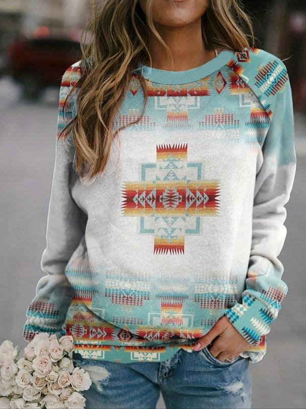 Women's Navajo Style Geometric Print Round Neck Sweatshirt, Casual Long Sleeve Crew Neck Pullover for Daily Wear, Ladies Clothes for All Seasons