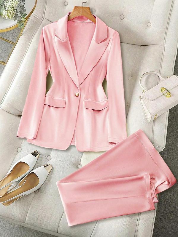 Women's Solid Button Front Pocket Blazer & Pants Two-piece Set, Long Sleeve Lapel Neckline Blazer & Straight Leg Pants, Blazers Suit Sets for Women,  Casual Fall Outfits Clothes for Ladies