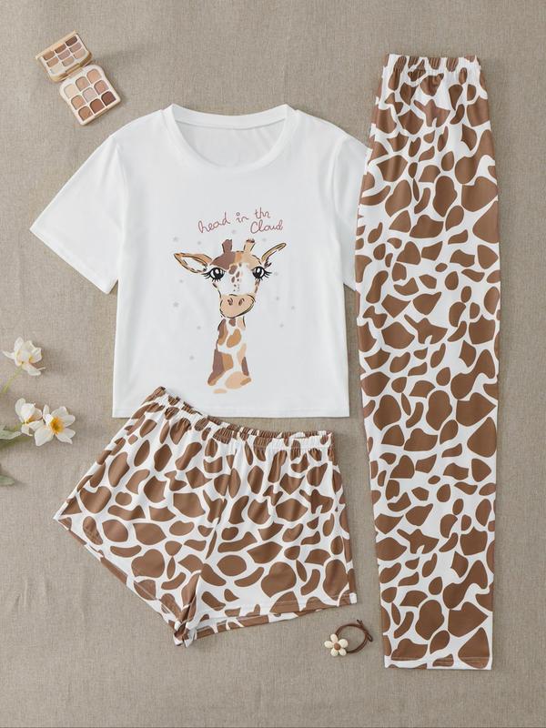 Three-Piece Set Women's Cute Cartoon Sloth Print Tee & Shorts & Pants Pyjama Set, Casual Comfy Crew Neck T-Shirt & Shorts & Trousers PJ Set, Summer Clothes Women, Summer Wear 2024, Women's Sleepwear