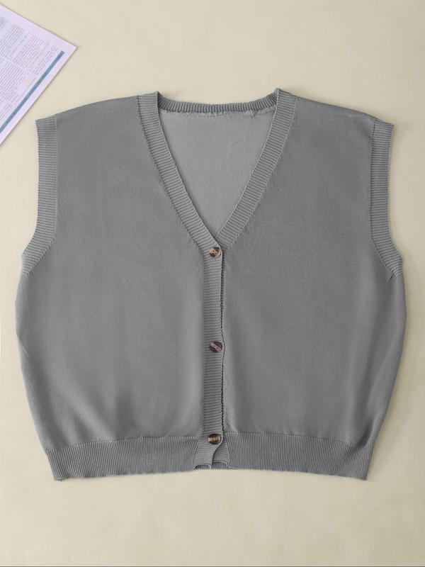 Women's Solid Color Button Front Vest Cardigan, Casual Sleeveless Knitwear for Spring & Fall, Fashion Women's Knit Clothing for Daily Wear