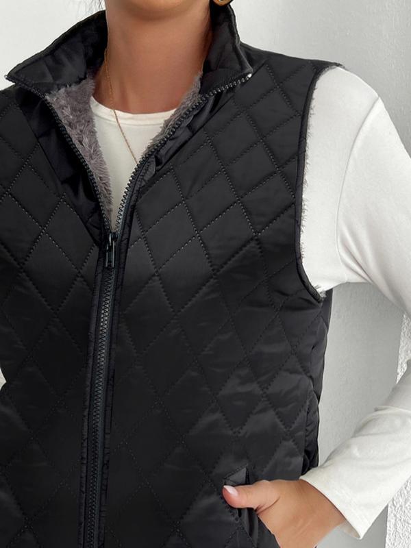 Women's Solid Zip Up Pocket Quilted Vest Coat, Casual Stand Collar Sleeveless Outerwear for Fall & Winter, Ladies Clothes for Daily Wear