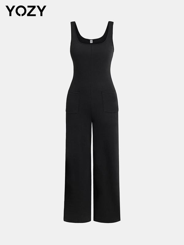 YOZY Women's Solid Pocket Square Neck Tank Jumpsuit, Casual Sleeveless Jumpsuit for Summer, Women's Jumpsuit for Daily Wear