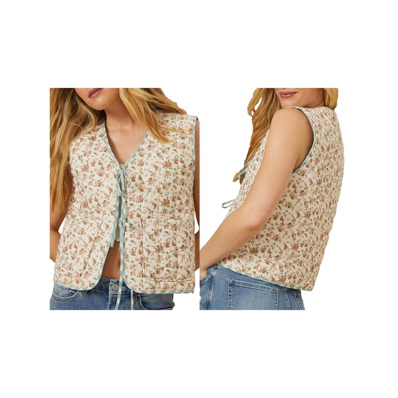 Women's Quilted Cotton Vest Bow Tie Closure Reversible Floral Plaid Print V-Neck Waistcoat