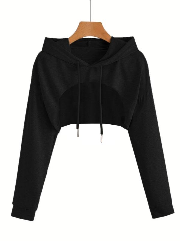 Women's Basic Plain Drawstring High Low Drop Shoulder Crop Hoodie, Minimalist Casual Long Sleeve Hooded Pullover for Spring & Fall, for Daily Womenswear, Hoodies for Women, Fall Outfits, Fallfreshness, Downtown Girl Clothes