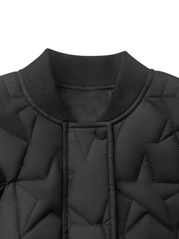 Women's Star Pattern Drop Shoulder Zip Up Crop Quilted Jacket, Casual Tops, Long Sleeve Button Front Baseball Collar Outerwear for Fall & Winter, Winter Clothes Women, Ladies Clothes for Daily Wear