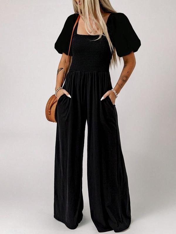 Women's Plain Puff Sleeve Pocket Shirred Wide Leg Jumpsuit, Casual Short Sleeve Square Neck High Waist Jumpsuit for Summer, Minimalist Womenswear, Comfort Basic Onesies, Ladies Clothes for Daily Wear, Black Girl Outfits, Non Bodycon Dress