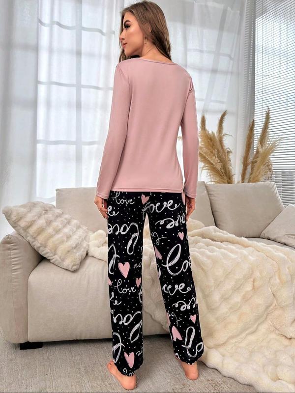 Two-Piece Set Women's Letter Print Tee & Pants Pyjamas, Casual Comfy Round Neck Long Sleeve T-shirt & Elastic Waist Trousers PJ Set, Women's Sleepwear for Fall & Winter