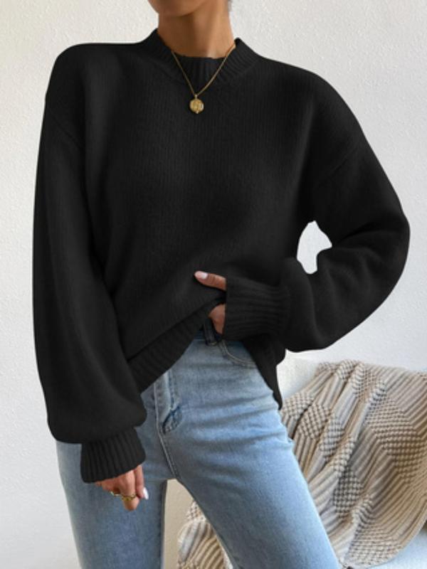 Women's Plain Drop Shoulder Mock Neck Sweater Pullover, Casual Long Sleeve Jumper for Fall & Winter, Women's Knitwear for Daily Wear