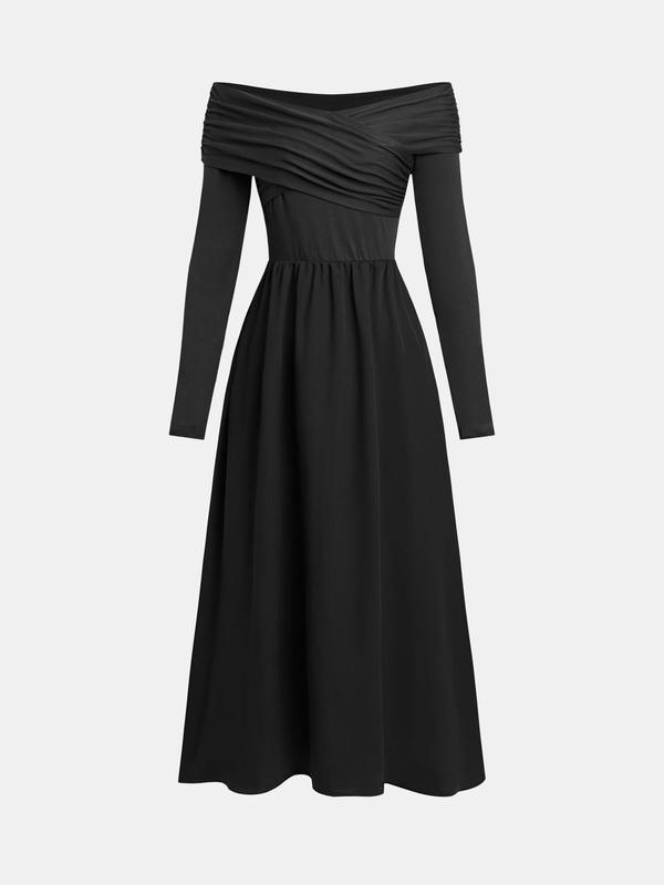 YOZY Women's Off The Shoulder Ruched A Line Dress, Elegant Long Sleeve Dress for Party Holiday Wedding Guest, Ladies Clothes for All Seasons