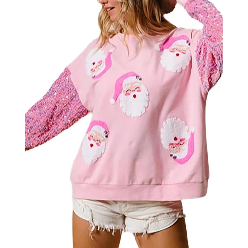 Women's Cute Santa Christmas Sweatshirts Funny Graphic Lightweight Sequin Long Sleeve Pullover Hoodies