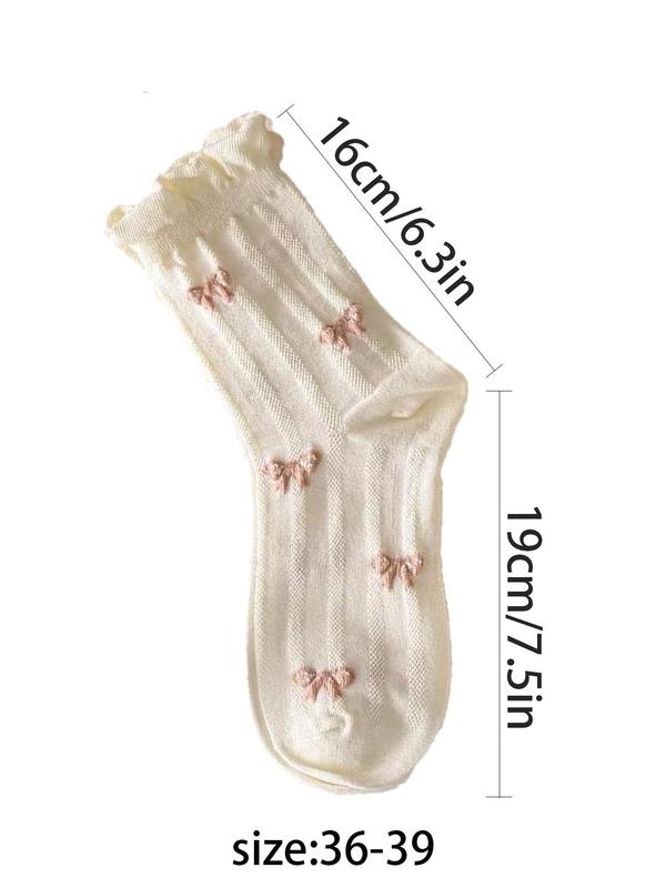 Women's 9 Pairs Bow & Heart Embroidery Frill Trim Crew Socks, Fashion Casual Comfy Breathable Socks for Daily Outdoor Wear, Multipack Knit Socks for All Seasons