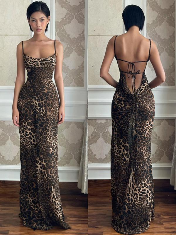 Women's Leopard Print Cowl Neck Tie Back Cami Dress, Fashion Casual Halter Backless Maxi Dress for Party Club Dating Wear, Women Dress for Summer