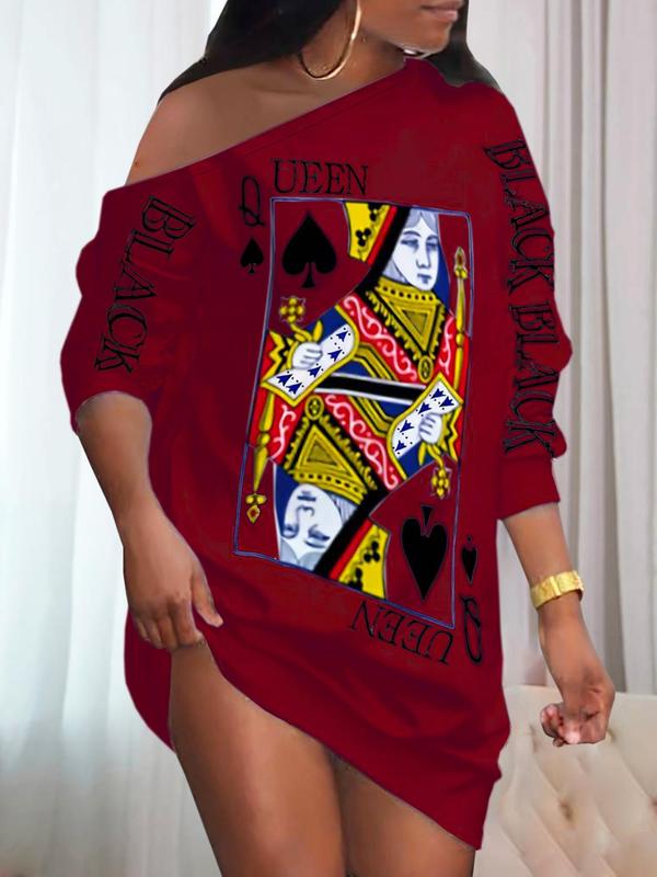 Women's Queen Of Spades Print One Shoulder Lounge Tee, Casual Drop Shoulder Long Sleeve Loungewear for Spring & Fall, Ladies Sleepwear for Daily Wear