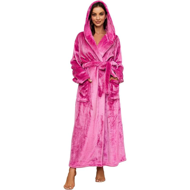 Womens Long Hooded Plush Robe, Soft Thick Warm Fleece Bathrobe Full Length House Coat