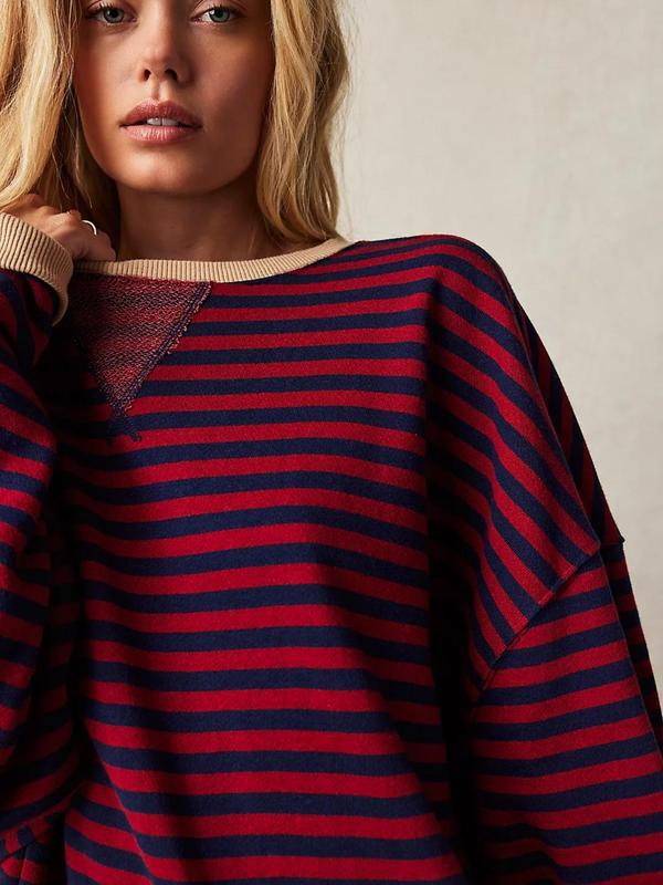 Women's Colorblock Striped Print Contrast Binding Drop Fall Sweatshirt, Casual Long Sleeve Crewneck Pullover for Winter, Medium Contrast Ladies Clothes for Daily Wear, Black Girl Outfits