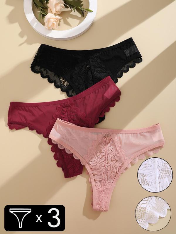 Women's 3pcs Plain Contrast Lace Scallop Trim Thongs, Casual Comfy Cozy Breathable Panty, Women's Knicker Underwear for All Seasons