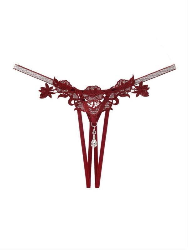 Women's Floral Embroidery Rhinestones Decor Sexy Thong, Sexy Comfy Contrast Lace Panty for Daily Wear, Women's Knicker for All Seasons