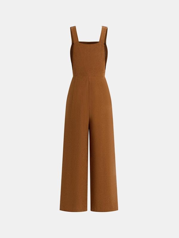 YOZY Women's Solid Color Corduroy Overalls Jumpsuit, Casual Adjustable Strap Pocket Wide Leg Jumpsuit for Fall, Women's Jumpsuit for Daily Wear