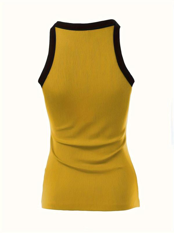 Women's Contrast Binding Round Neck Tank Top, Casual Solid Color Sleeveless Top for Summer, Ladies Clothes for Daily Wear