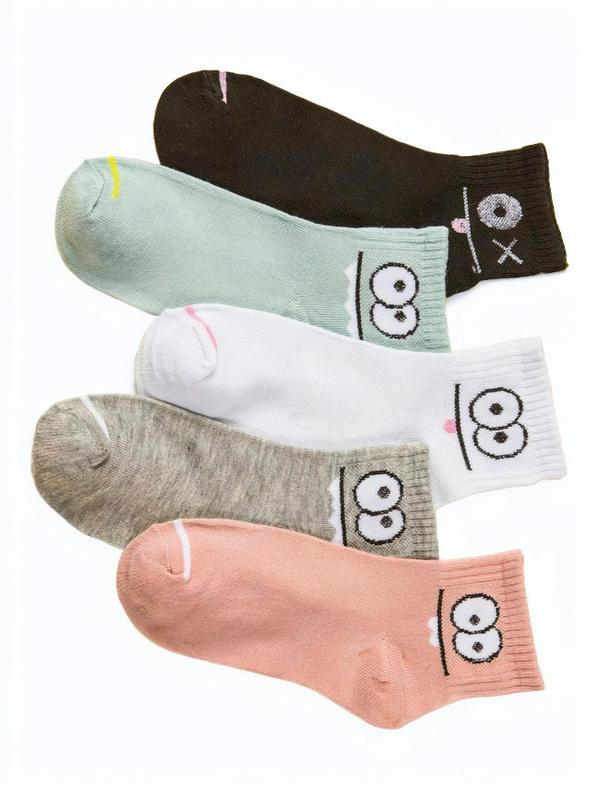 Women's 5 Pairs Cartoon Print Crew Socks, Casual Moisture Wicking Socks, Soft Comfy Breathable Socks For All Seasons Daily Wear