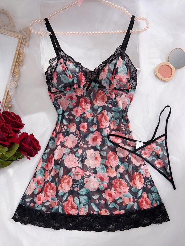 Women's Floral Print Contrast Lace Cami Nightdress & Thong Sleepwear Two-Piece Set, Casual Soft Comfortable Nighty Dress & Panty Set, Ladies Sleepwear for All Seasons