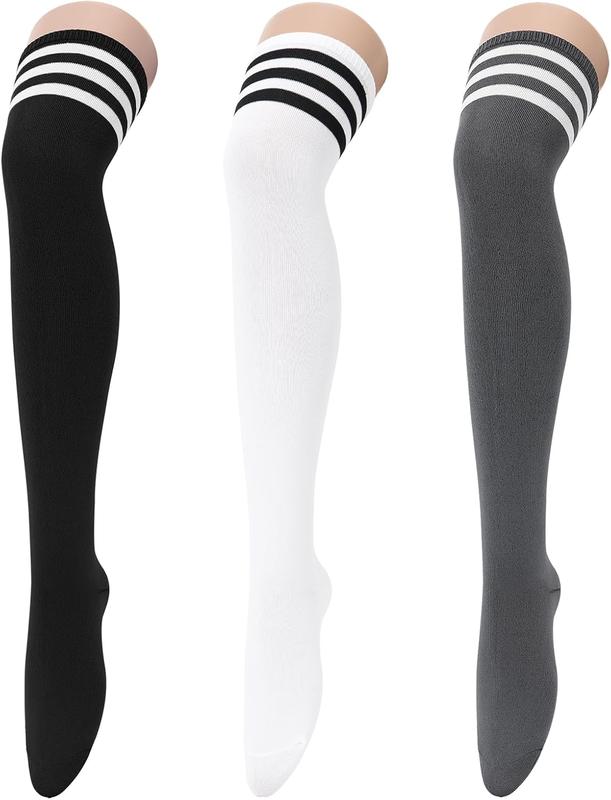 3 Pairs Thigh High Socks for Women Over the  High Socks Triple Stripe Long Stockings Thigh Highs Leg Warmer