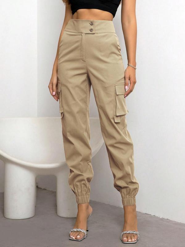 Women's Plain Flap Pocket Buttons High Waist Cargo Pants, Street Casual Comfy Pants For Daily Wear, Ladies Fall & Winter Trousers