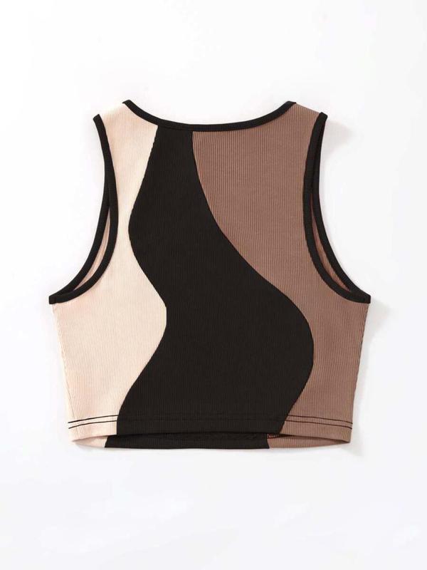 Women's Colorblock Ribbed Crop Tank Top, Casual Sleeveless Round Neck Crop Top for Daily Wear, Ladies Clothes for All Seasons, Fall Outfits, Fallfreshness, 90s Clothes, Fall Outfits