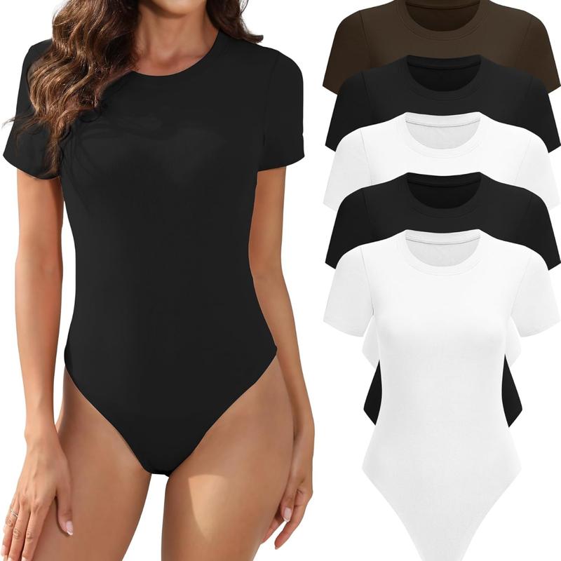 5 Pack Crewneck Body Suits for Womens Short Sleeve Round Neck Comfort Casual Stretchy Basic T Shirt Bodysuit Tops Minimalist Womenswear