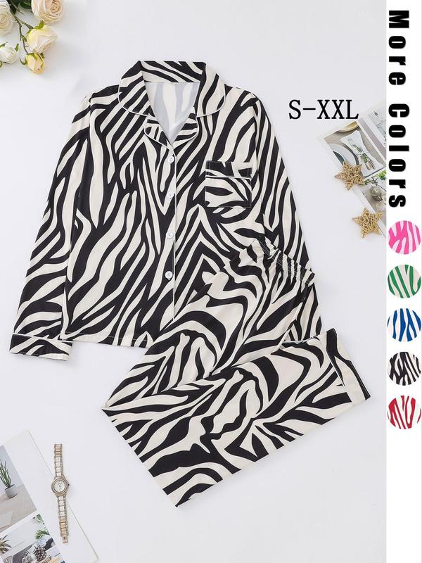 Women's Zebra Stripe Print Pocket Button Front Pajama Set, Casual Long Sleeve Lapel Blouse & Elastic Waist Pants,  Pajama Sets Women, Lady Homewear for Spring & Fall, Girly Night Clothes, Fall Wear, Fallfreshness Clothes