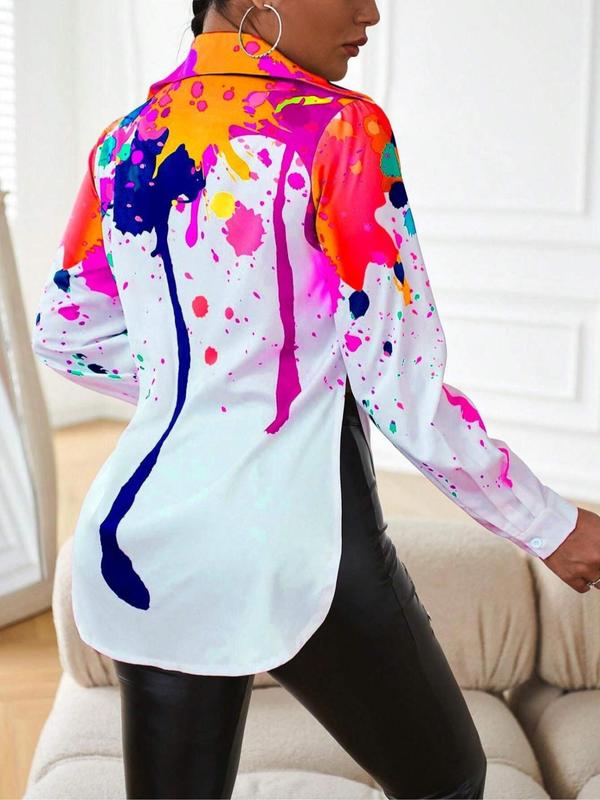  Colorful Splash Ink Print Button Front Split Hem Shirt, Lady Comfort Casual Long Sleeve Collared Top for Daily Womenswear, Fall Clothing Women, Women's Plus Clothing for All Seasons