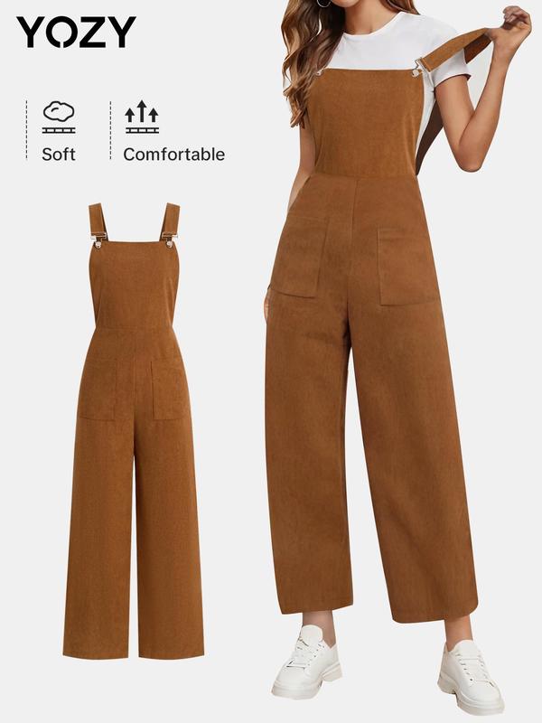 YOZY Women's Solid Color Corduroy Overalls Jumpsuit, Casual Adjustable Strap Pocket Wide Leg Jumpsuit for Fall, Women's Jumpsuit for Daily Wear