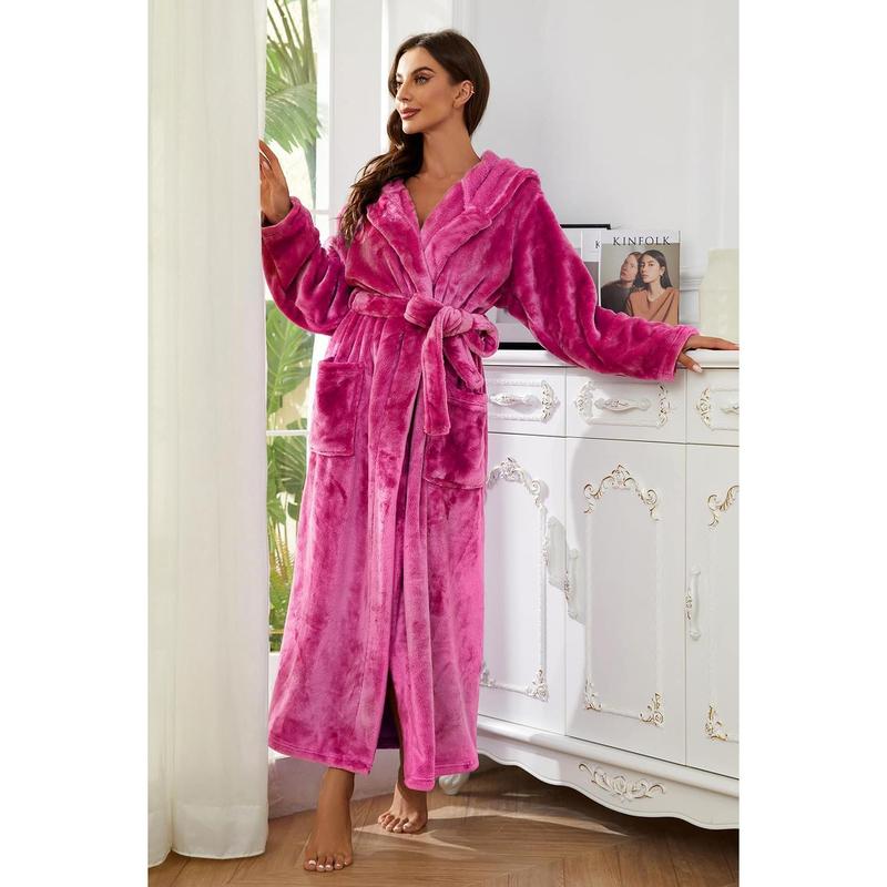 Womens Long Hooded Plush Robe, Soft Thick Warm Fleece Bathrobe Full Length House Coat