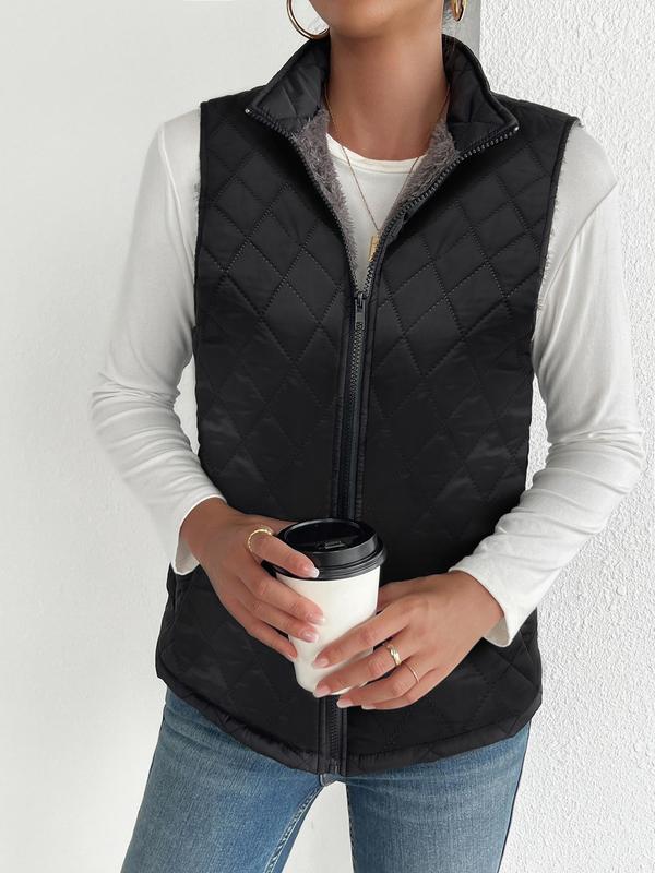 Women's Solid Zip Up Pocket Quilted Vest Coat, Casual Stand Collar Sleeveless Outerwear for Fall & Winter, Ladies Clothes for Daily Wear