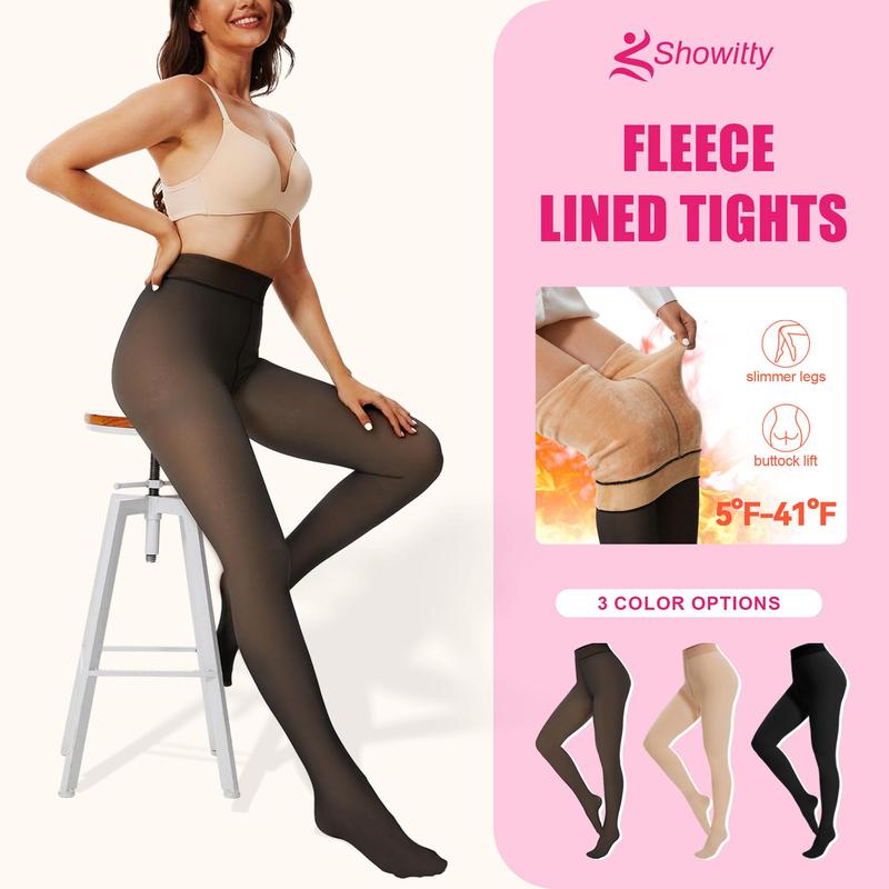 SHOWITTY 1 2 Pack Fleece Lined Tights for Women Fake Translucent Pantyhose High Waisted Thermal Leggings Ladies Stretch Thick Winter Warm Stocking