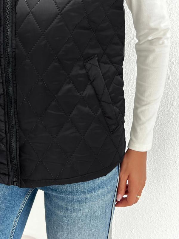 Women's Solid Zip Up Pocket Quilted Vest Coat, Casual Stand Collar Sleeveless Outerwear for Fall & Winter, Ladies Clothes for Daily Wear