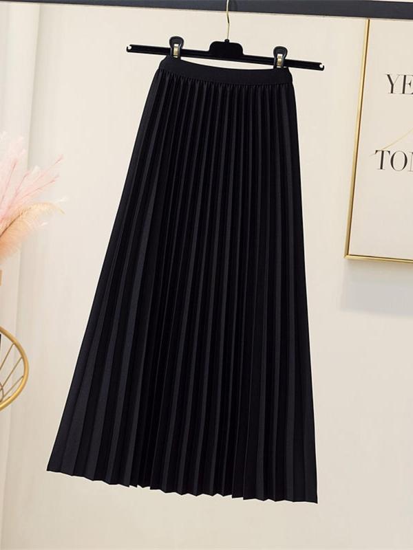 Women's Solid Pleated Vintage Skirt, Elegant Fashion Casual Midi Skirt for Daily Outdoor Wear, Ladies Skirt for Spring & Fall, Fall Outfits, Fallfreshness