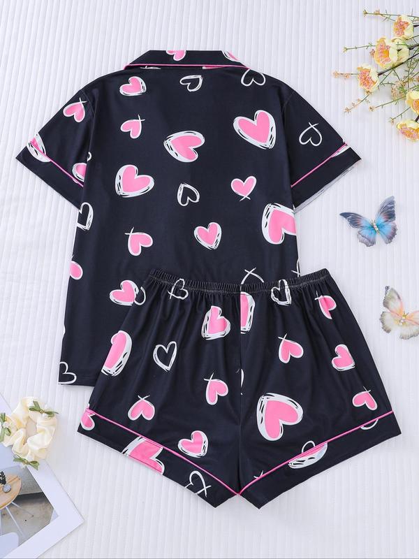 Two-Piece Set Women's All Over Heart Print Lapel Neck Pajama, Casual Comfy Short Sleeve Button Up Top & Elastic Waist Shorts PJ Set, Ladies Sleepwear for All Seasons