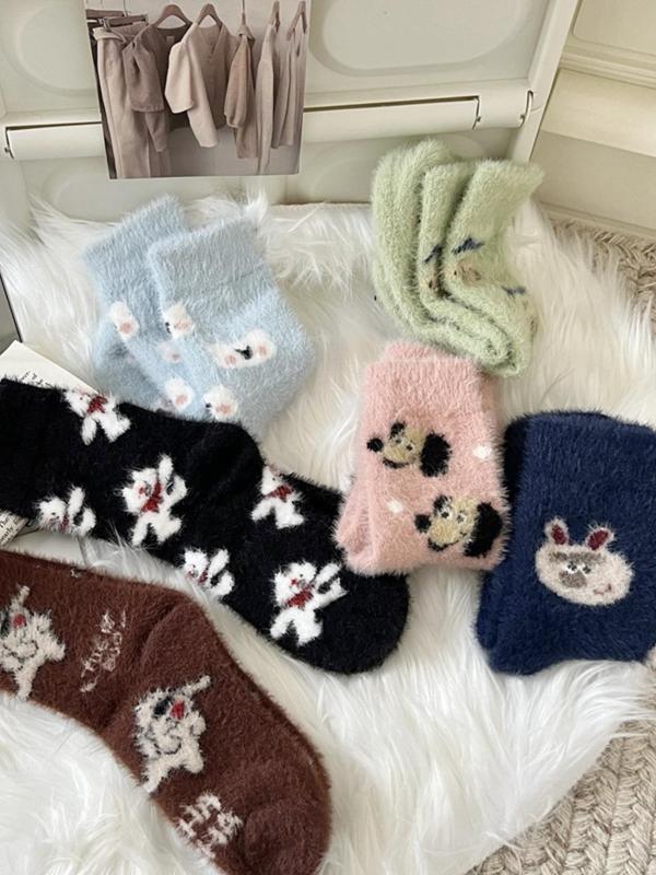 Women's Cute Animal Print Fuzzy Socks, Casual Soft Comfy Floor Socks for Fall & Winter, Women's Socks for Daily Wear