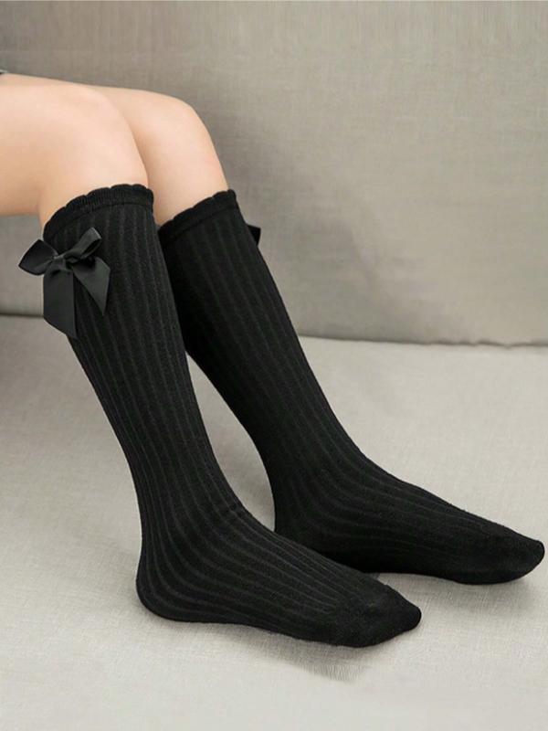 3pairs Girls' White Bowknot Straight Tube Knee High Socks, Sweet And Versatile For Daily Wear