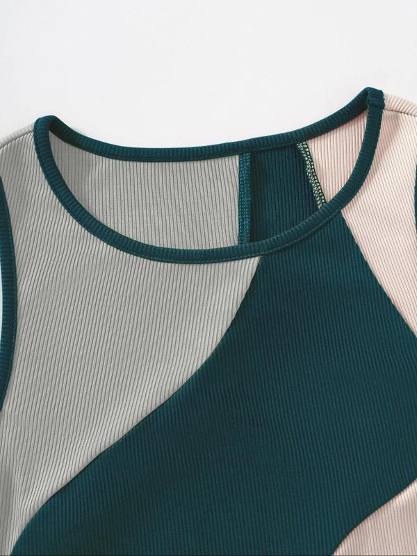 Women's Colorblock Ribbed Crop Tank Top, Casual Sleeveless Round Neck Crop Top for Daily Wear, Ladies Clothes for All Seasons, Fall Outfits, Fallfreshness, 90s Clothes, Fall Outfits