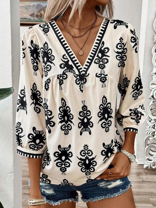 Women's Ethnic Pattern Bishop Sleeve V Neck Blouse, Boho Casual 3 4 Sleeve Top for Spring & Fall, Fall Clothing Women, Women's Clothing for Daily Wear